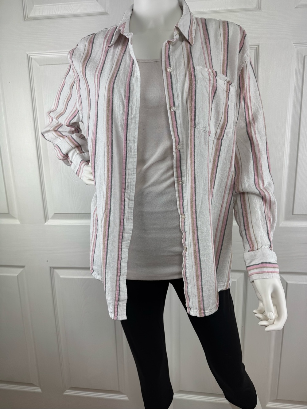 White Button-Up Shirt with Pink and Gray Stripes